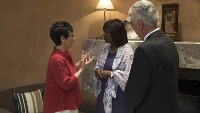 President Dieter F. Uchtdorf and his wife, Harriet, talk with Ertharin Cousin, executive director of the U.N. World Food Programme, in Rome, Italy, July 17, 2016. The Church donated $3 million to the program to provide food to refugees and displaced people in Cameroon, Chad and Syria.