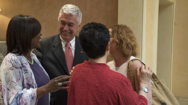 President Dieter F. Uchtdorf, second counselor in the First Presidency of The Church of Jesus Christ of Latter-day Saints, presented a $3 million donation to the United Nations’ World Food Programme (WFP) on behalf of the Church during a visit to Rome, Italy, July 17, 2016. President Uchtdorf met with Ertharin Cousin, executive director of the WFP (left).